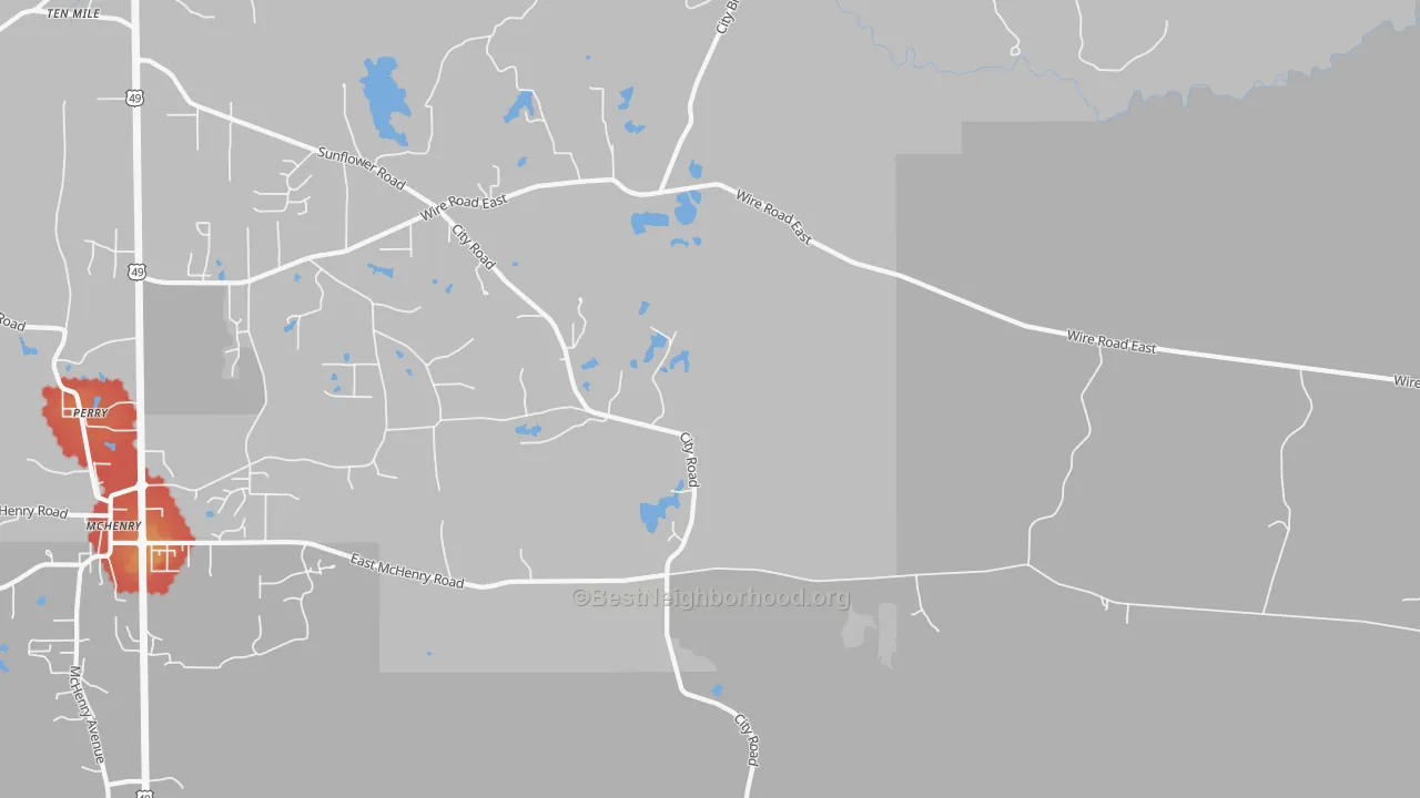 Walk Grade map of Riceville, MS, walkable areas in green and car-dependent areas in red