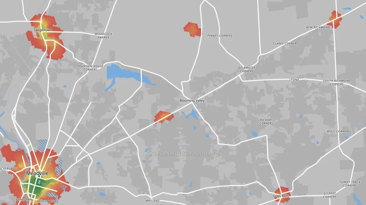 Walk Grade map of Riceville, PA, walkable areas in green and car-dependent areas in red