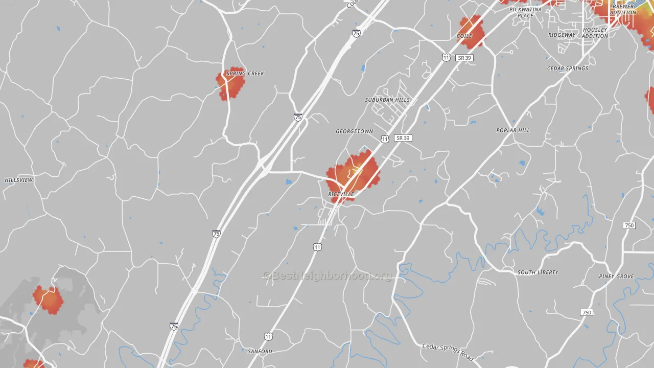 Walk Grade map of Riceville, TN, walkable areas in green and car-dependent areas in red