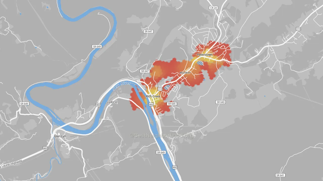 Walk Grade map of Rich Creek, VA, walkable areas in green and car-dependent areas in red