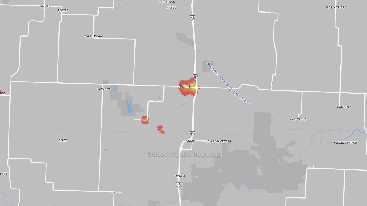 Walk Grade map of Rich Hill, MO, walkable areas in green and car-dependent areas in red