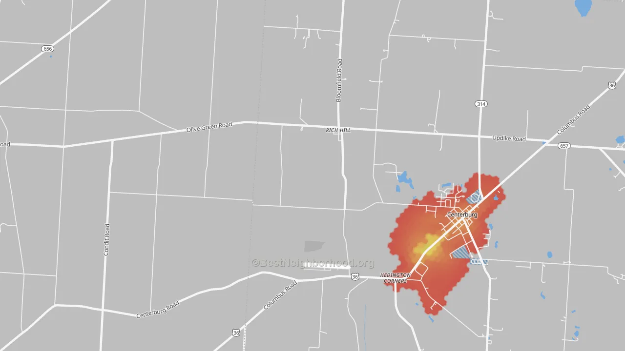 Walk Grade map of Rich Hill, OH, walkable areas in green and car-dependent areas in red