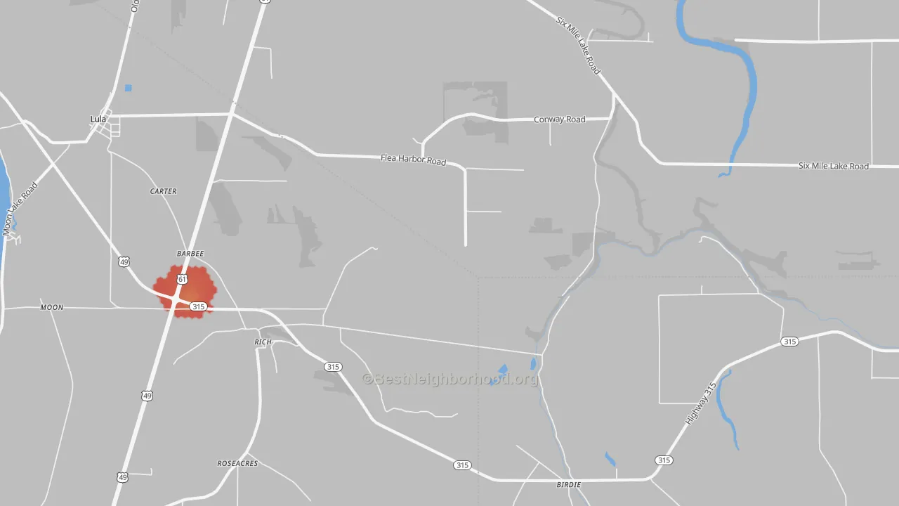 Walk Grade map of Rich, MS, walkable areas in green and car-dependent areas in red