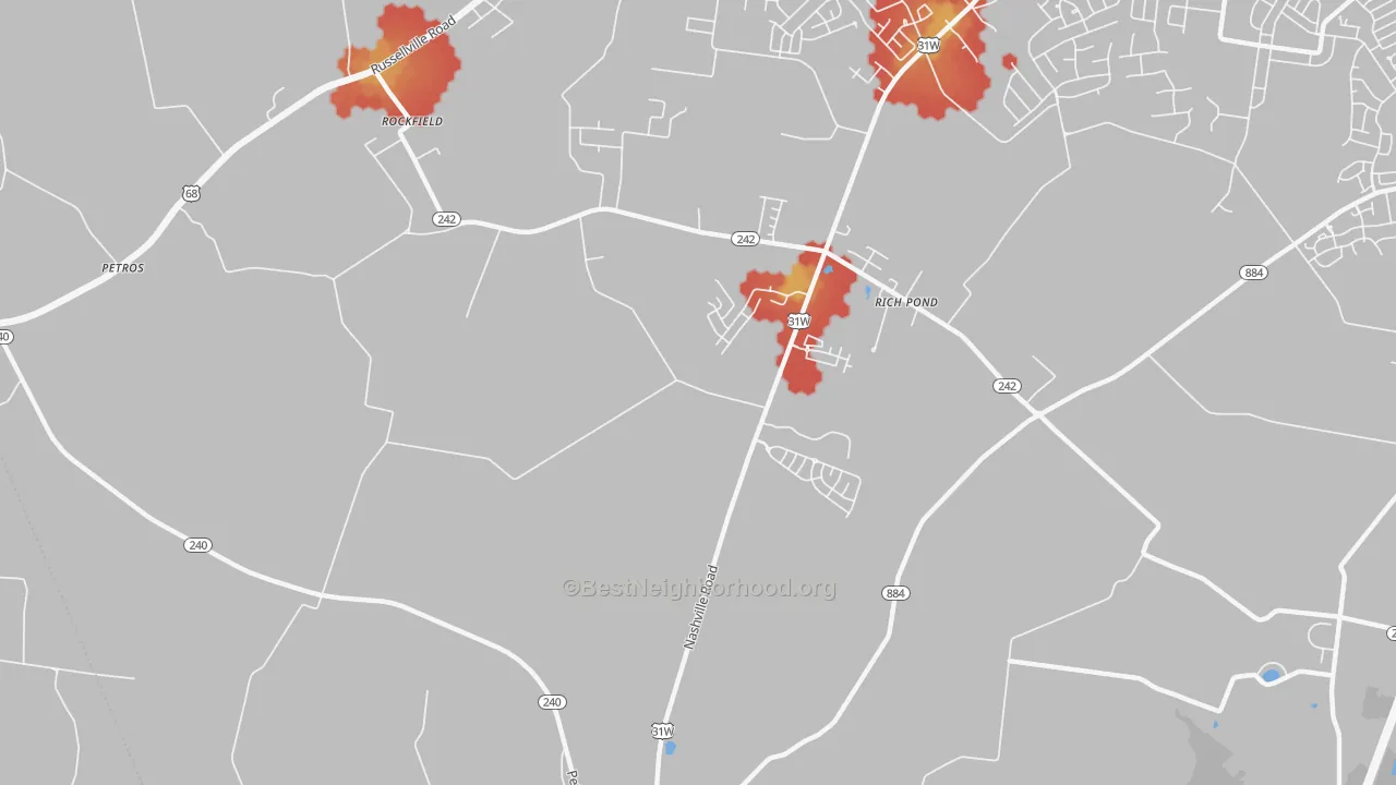 Walk Grade map of Rich Pond, KY, walkable areas in green and car-dependent areas in red