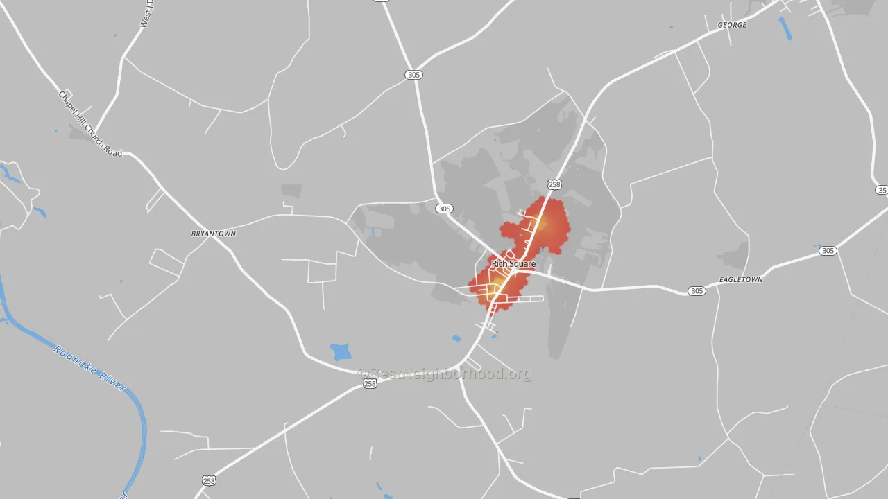 Walk Grade map of Rich Square, NC, walkable areas in green and car-dependent areas in red