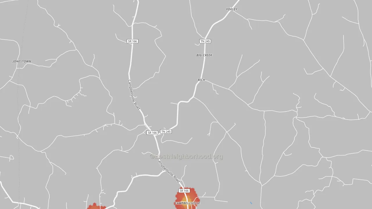 Walk Grade map of Rich, TN, walkable areas in green and car-dependent areas in red