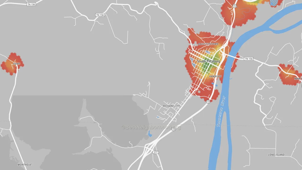 Walk Grade map of Richard City, TN, walkable areas in green and car-dependent areas in red