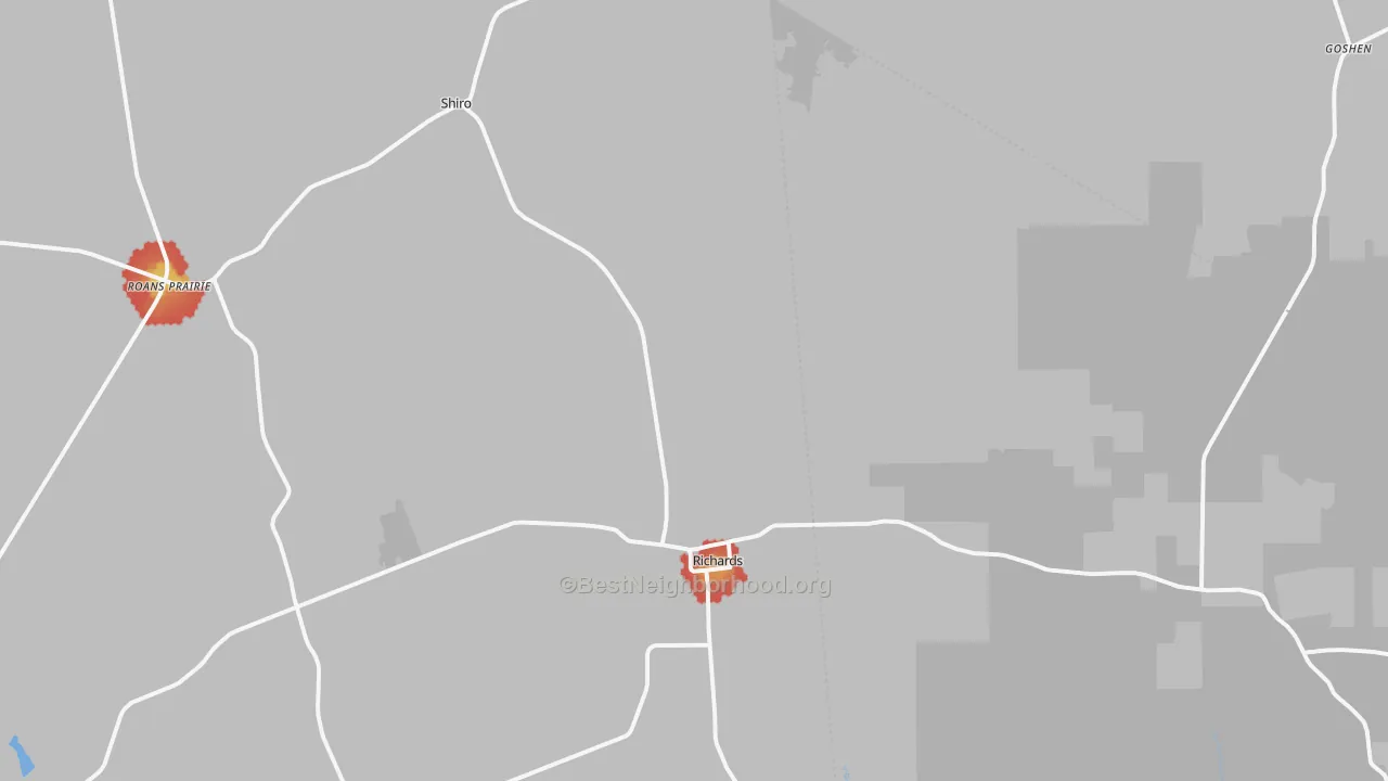 Walk Grade map of Richards, TX, walkable areas in green and car-dependent areas in red
