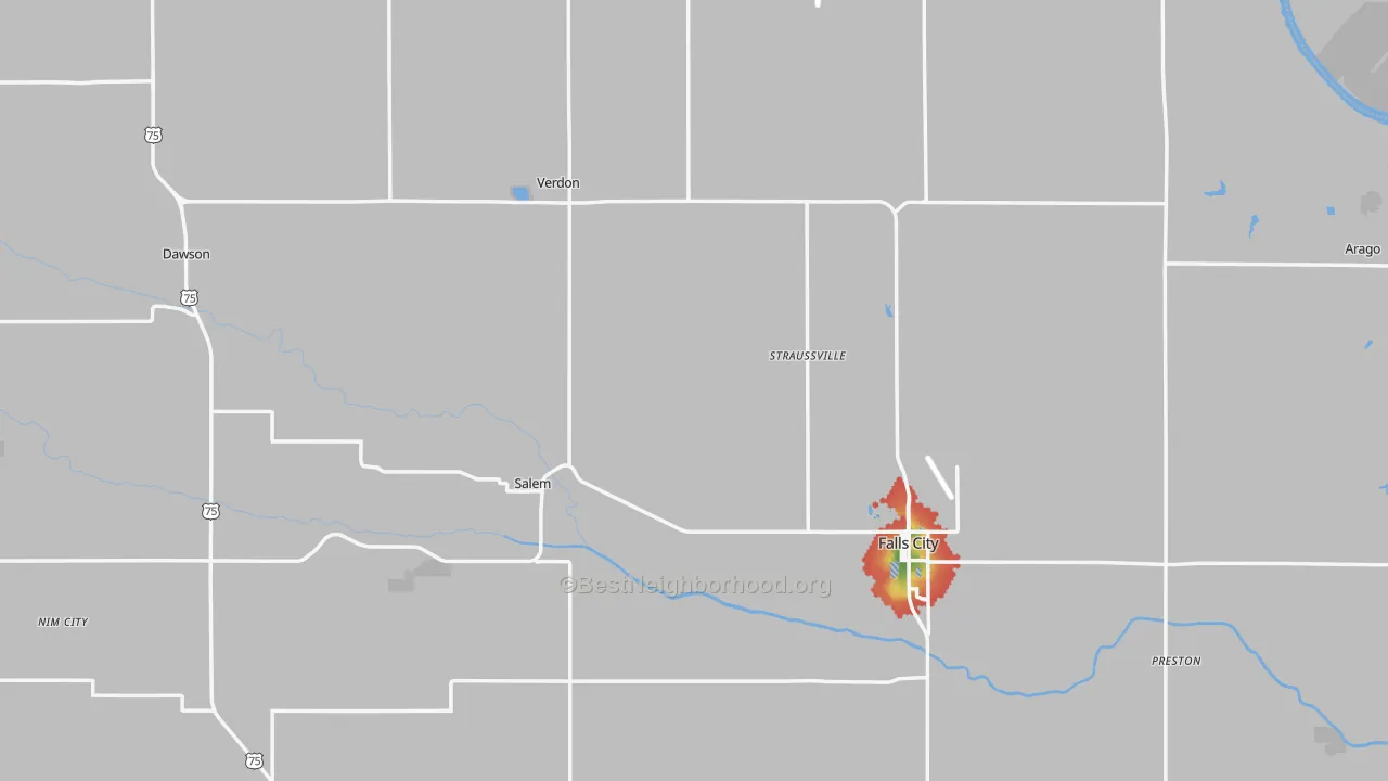 Walk Grade map of Richardson County, NE, walkable areas in green and car-dependent areas in red