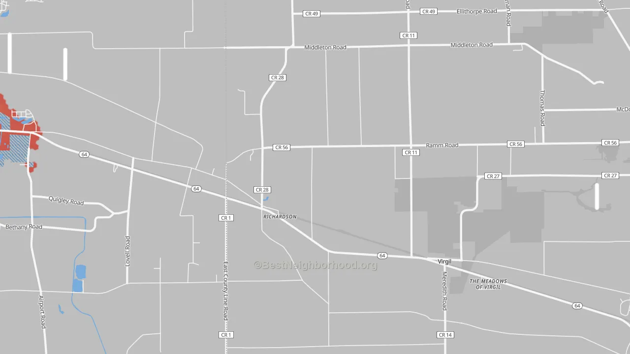 Walk Grade map of Richardson, IL, walkable areas in green and car-dependent areas in red