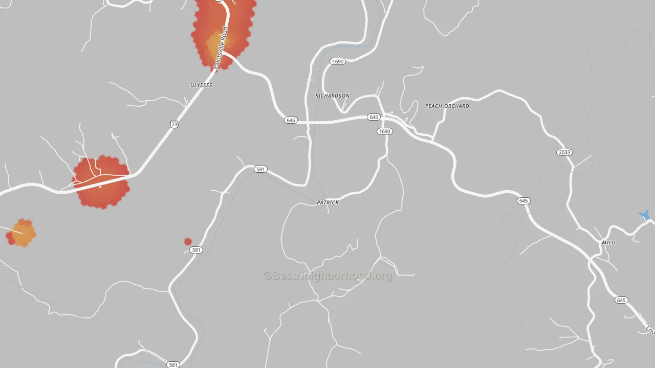 Walk Grade map of Richardson, KY, walkable areas in green and car-dependent areas in red