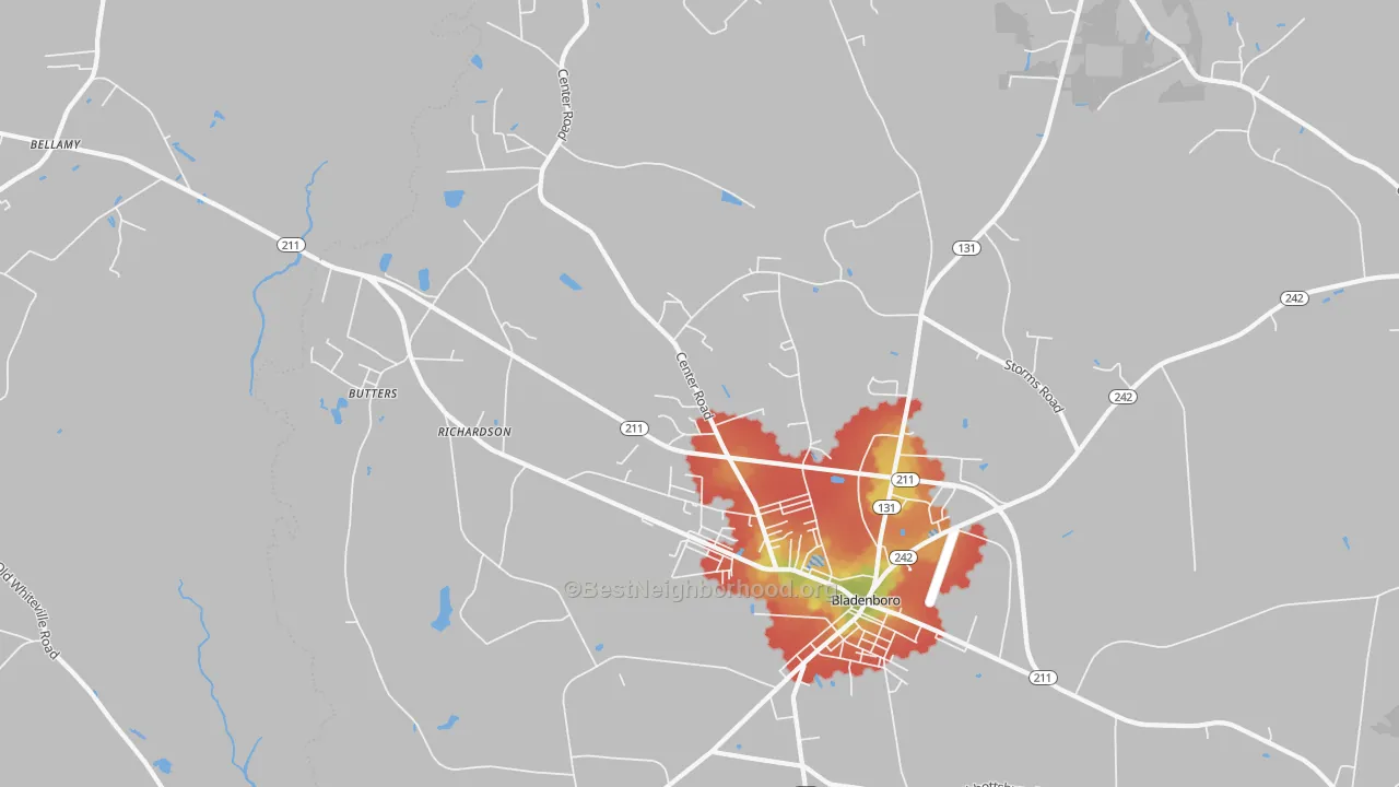 Walk Grade map of Richardson, NC, walkable areas in green and car-dependent areas in red