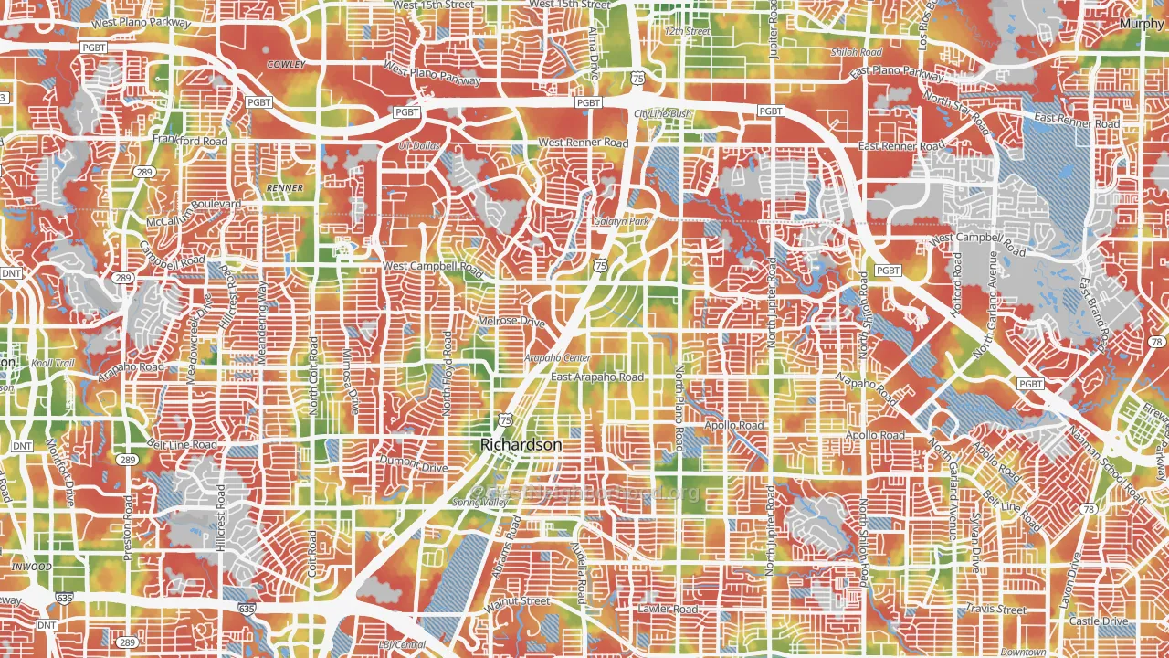 Walk Grade map of Richardson, TX, walkable areas in green and car-dependent areas in red