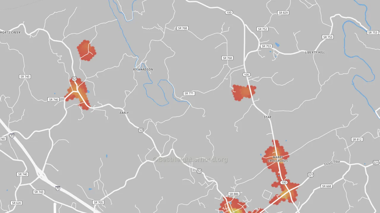Walk Grade map of Richardson, VA, walkable areas in green and car-dependent areas in red