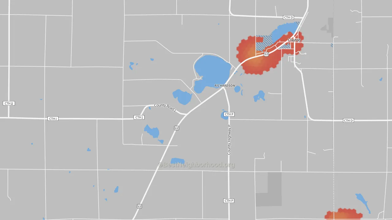 Walk Grade map of Richardson, WI, walkable areas in green and car-dependent areas in red