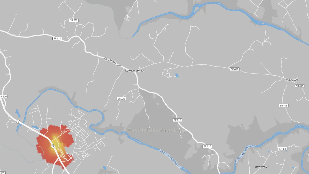 Walk Grade map of Richardsville, VA, walkable areas in green and car-dependent areas in red