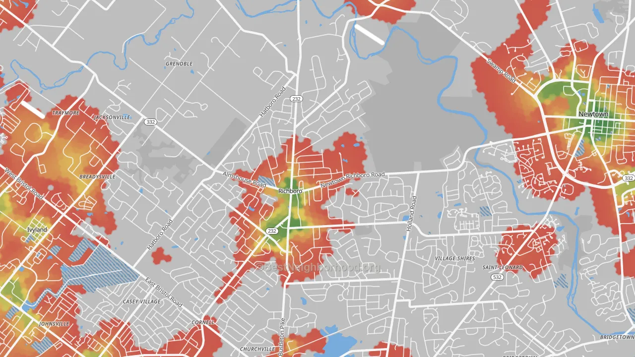 Walk Grade map of Richboro, PA, walkable areas in green and car-dependent areas in red