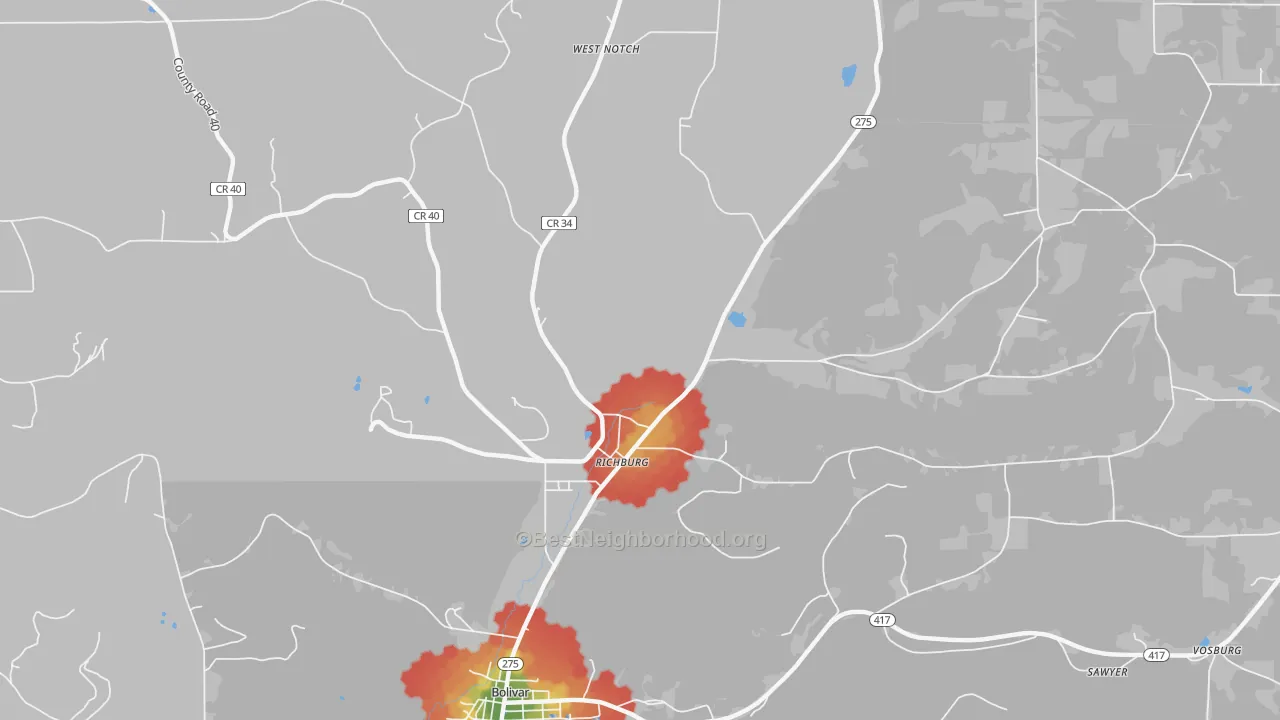 Walk Grade map of Richburg, NY, walkable areas in green and car-dependent areas in red