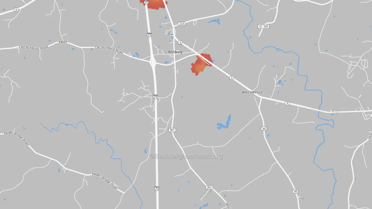 Walk Grade map of Richburg, SC, walkable areas in green and car-dependent areas in red