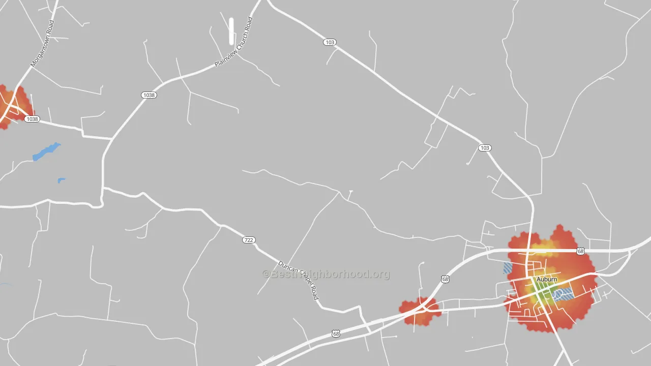 Walk Grade map of Richelieu, KY, walkable areas in green and car-dependent areas in red