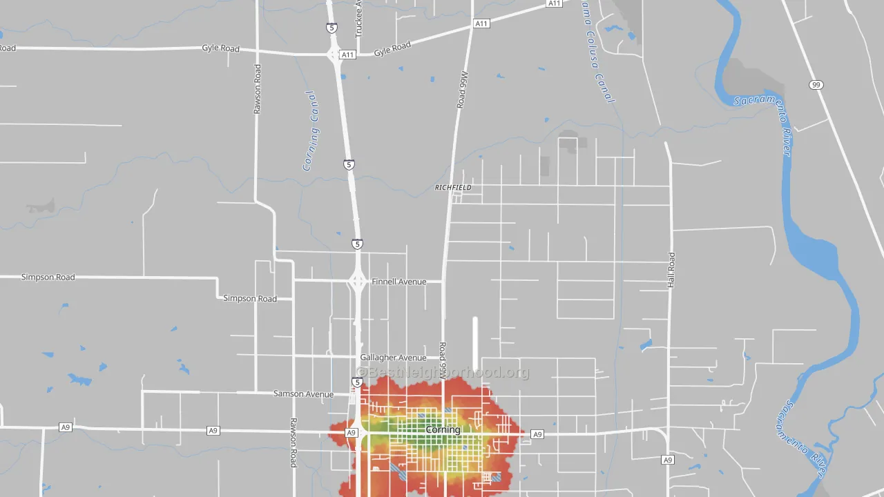 Walk Grade map of Richfield, CA, walkable areas in green and car-dependent areas in red