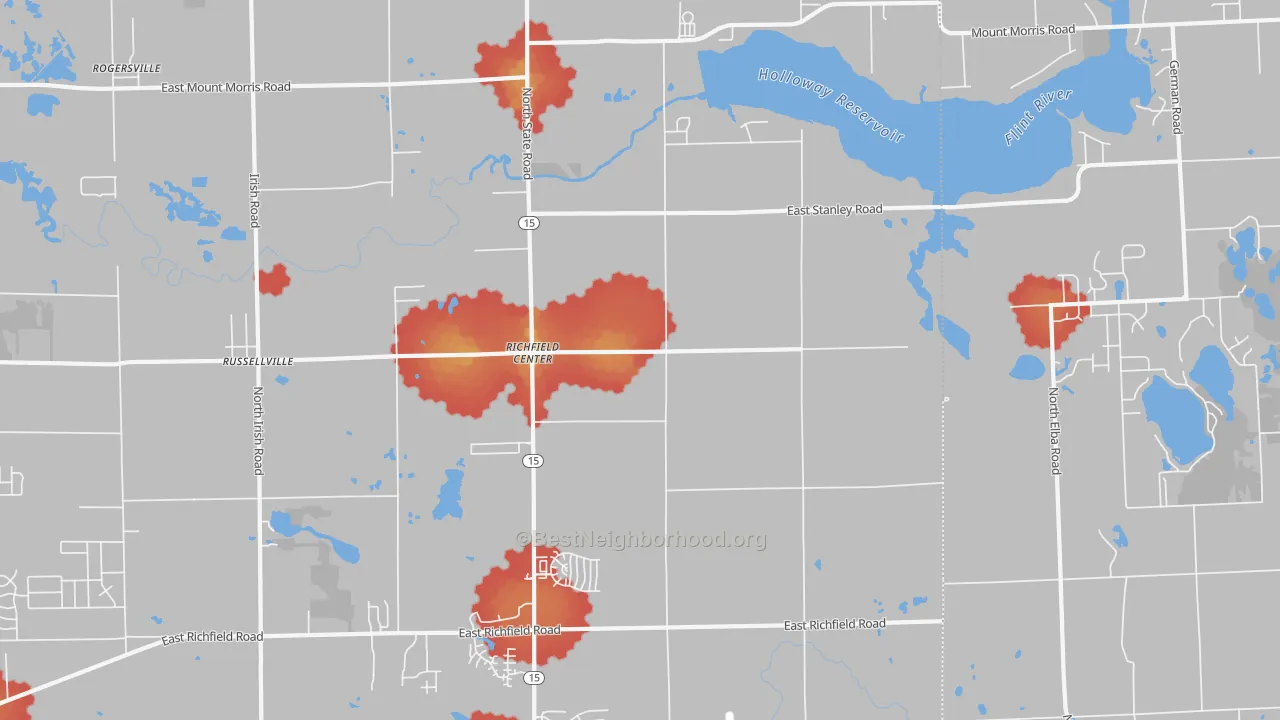 Walk Grade map of Richfield Center, MI, walkable areas in green and car-dependent areas in red