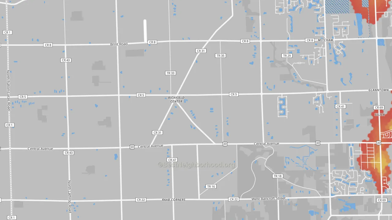 Walk Grade map of Richfield Center, OH, walkable areas in green and car-dependent areas in red