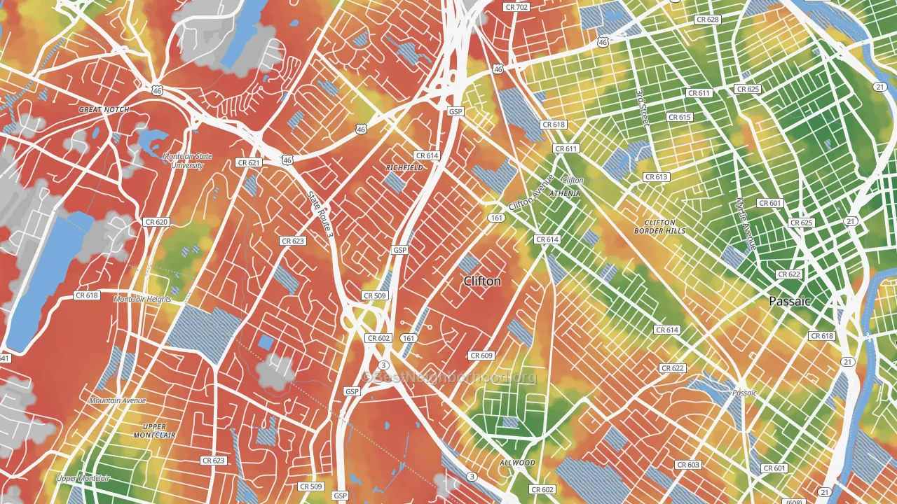 Walk Grade map of Richfield, Clifton, NJ, walkable areas in green and car-dependent areas in red