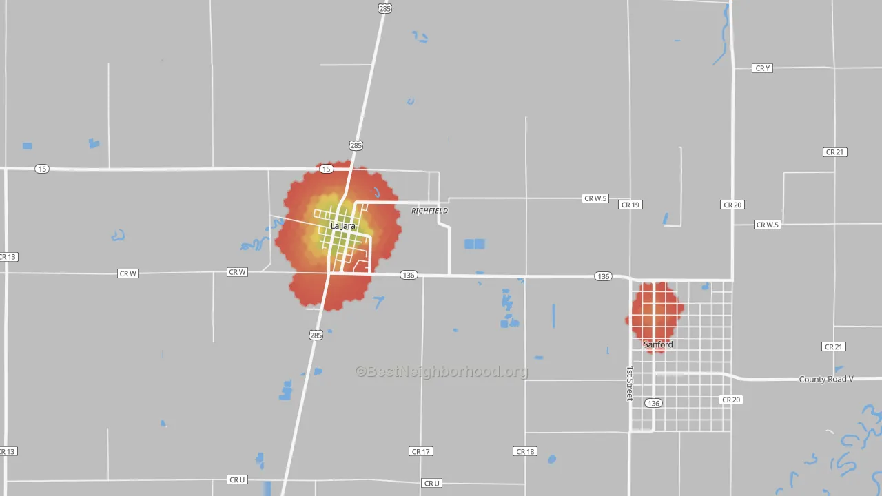 Walk Grade map of Richfield, CO, walkable areas in green and car-dependent areas in red