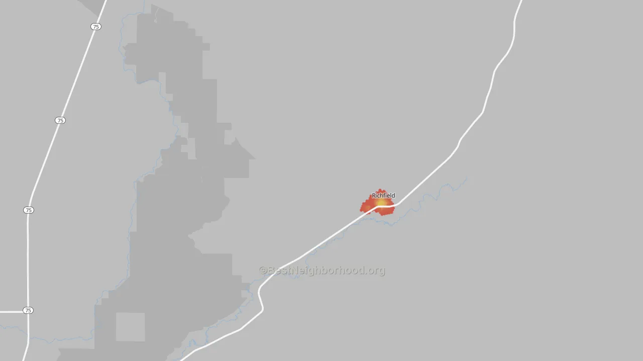 Walk Grade map of Richfield, ID, walkable areas in green and car-dependent areas in red
