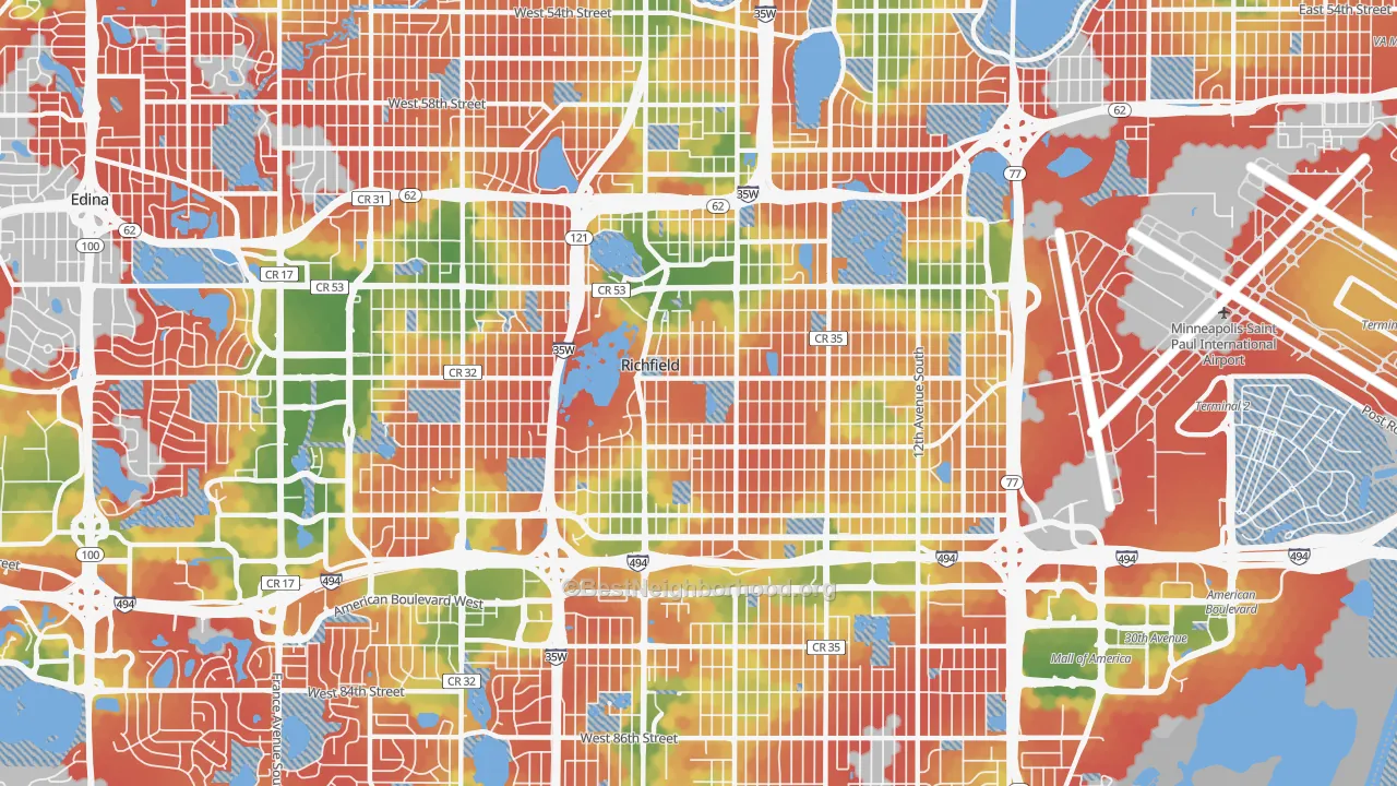 Walk Grade map of Richfield, MN, walkable areas in green and car-dependent areas in red