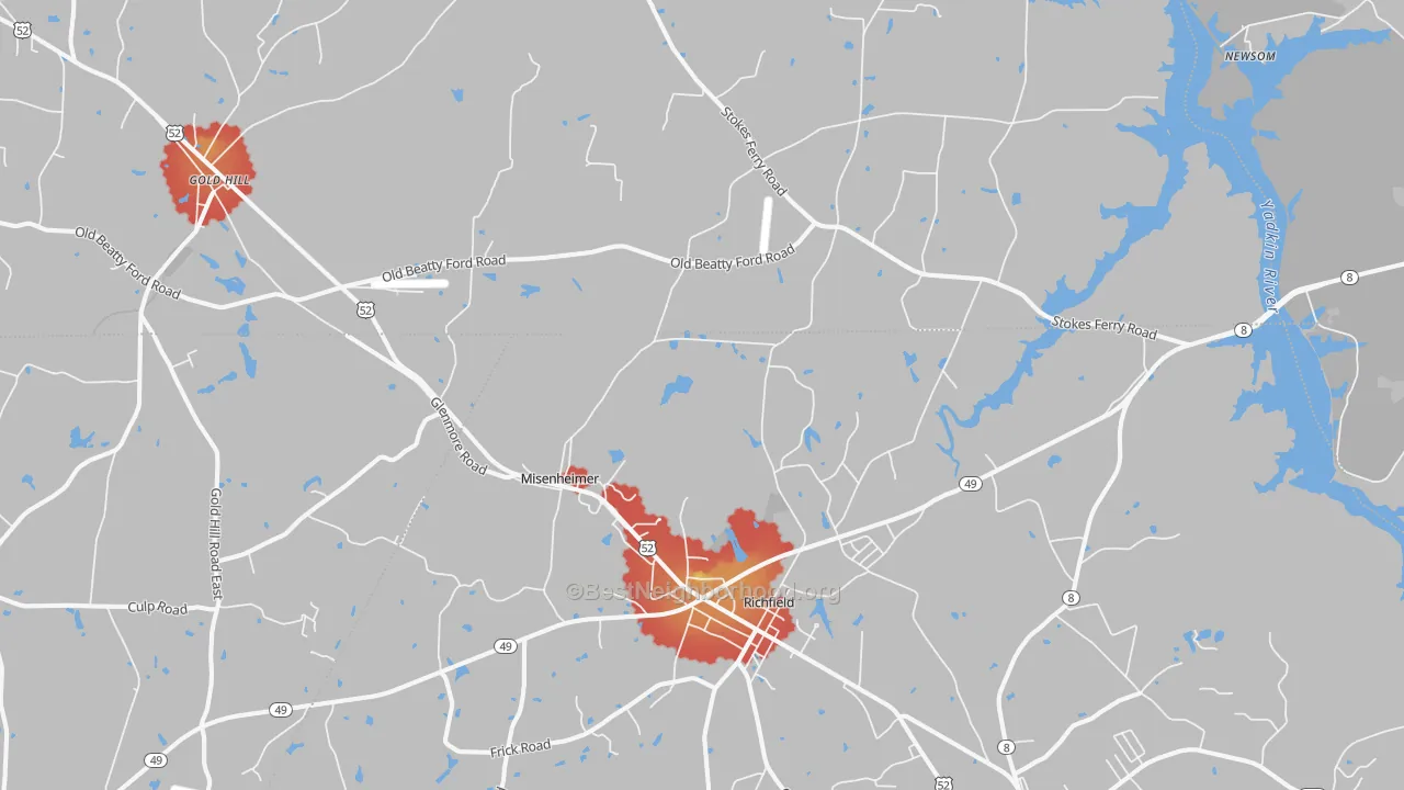 Walk Grade map of Richfield, NC, walkable areas in green and car-dependent areas in red