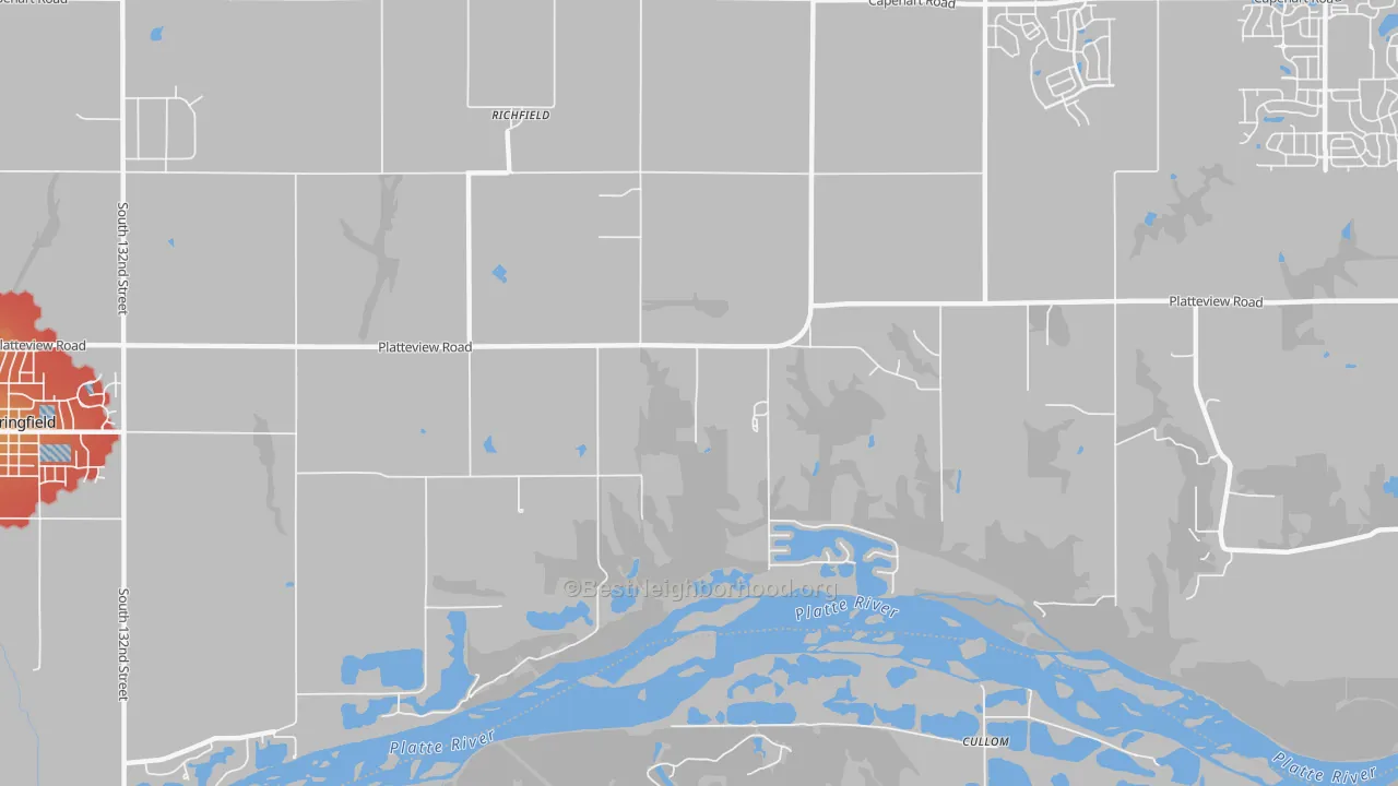 Walk Grade map of Richfield, NE, walkable areas in green and car-dependent areas in red