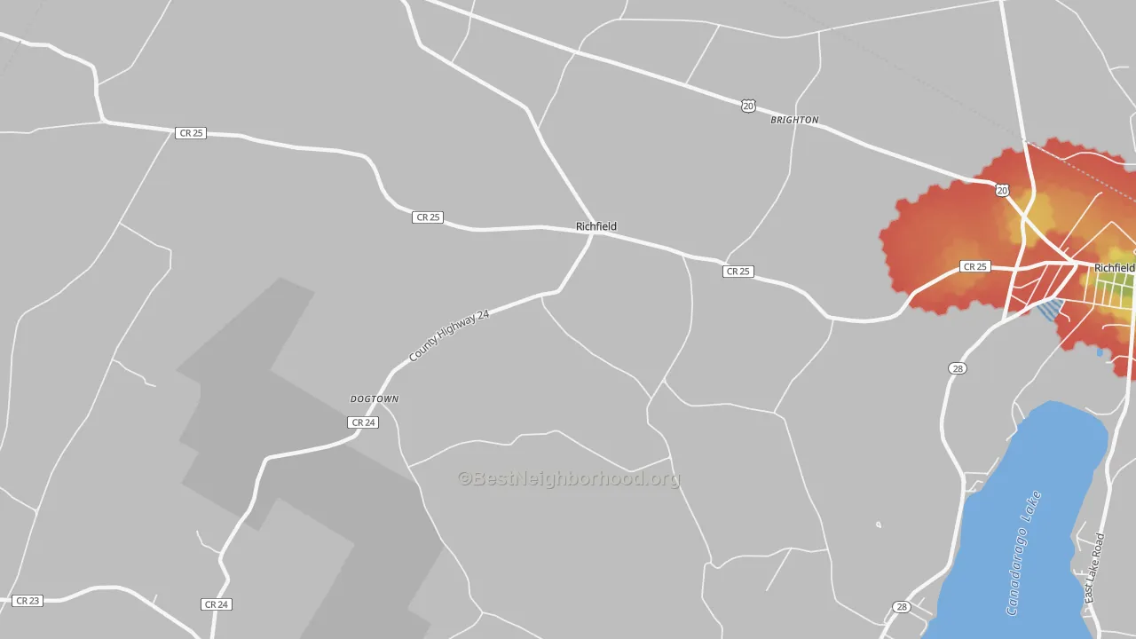 Walk Grade map of Richfield, NY, walkable areas in green and car-dependent areas in red