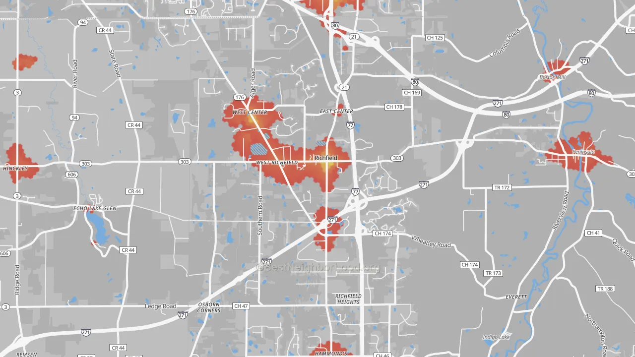 Walk Grade map of Richfield, OH, walkable areas in green and car-dependent areas in red