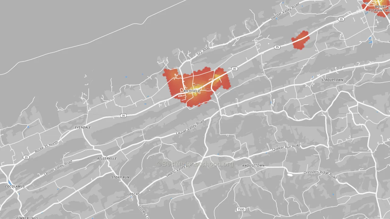 Walk Grade map of Richfield, PA, walkable areas in green and car-dependent areas in red