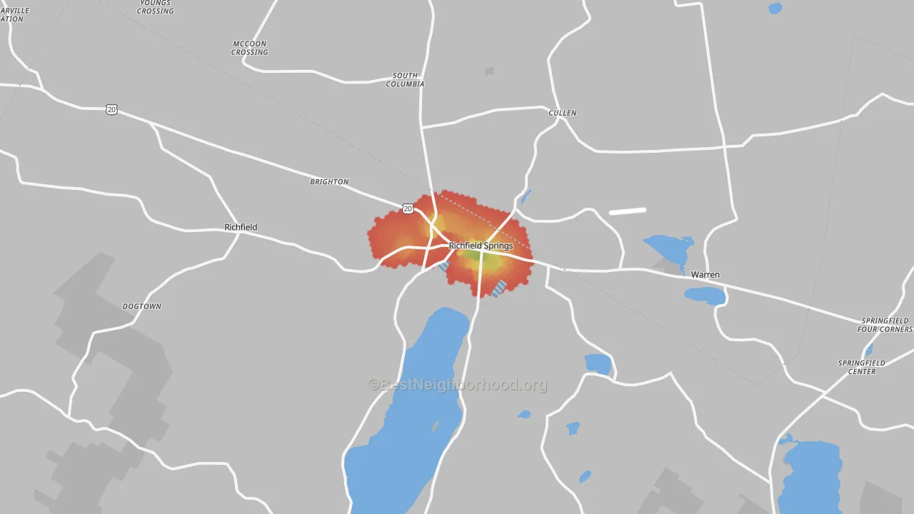 Walk Grade map of Richfield Springs, NY, walkable areas in green and car-dependent areas in red