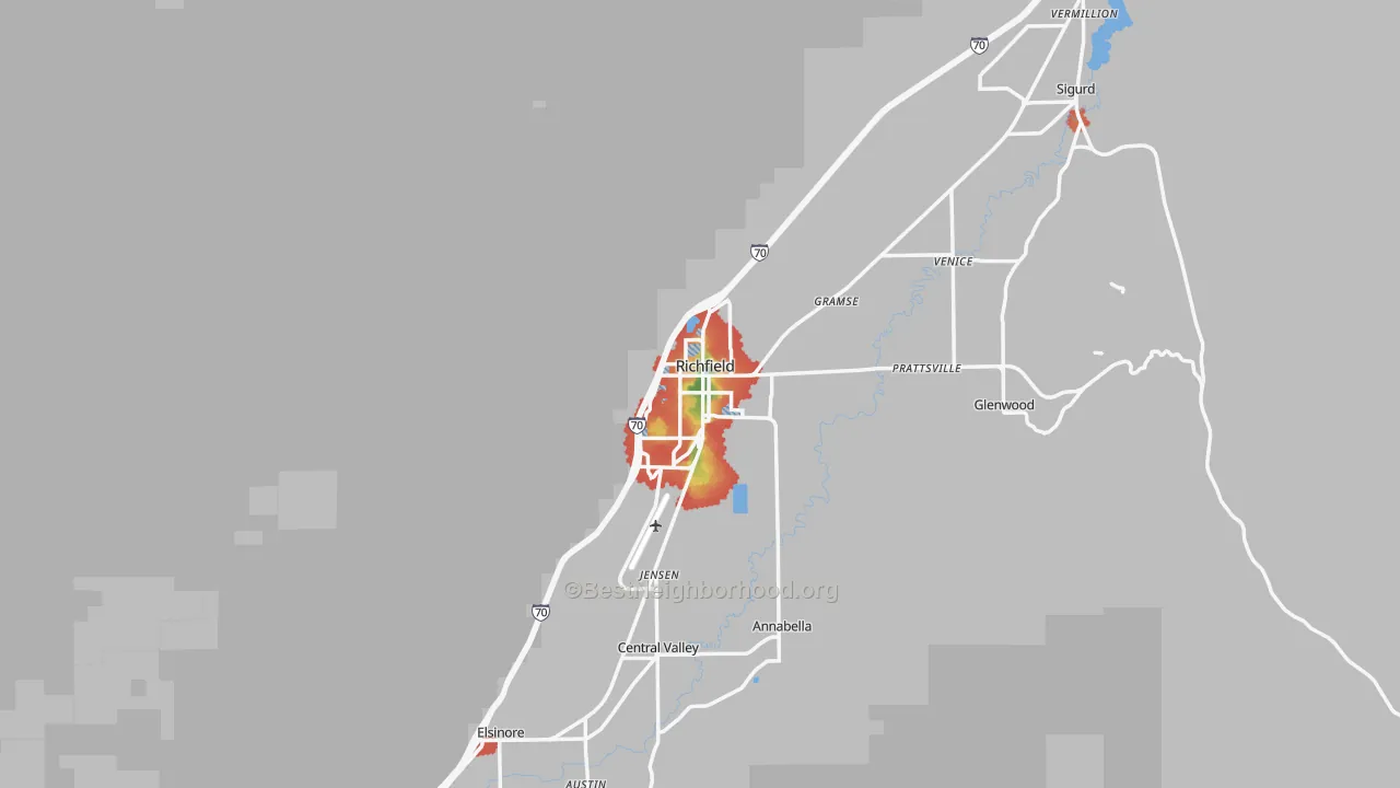 Walk Grade map of Richfield, UT, walkable areas in green and car-dependent areas in red