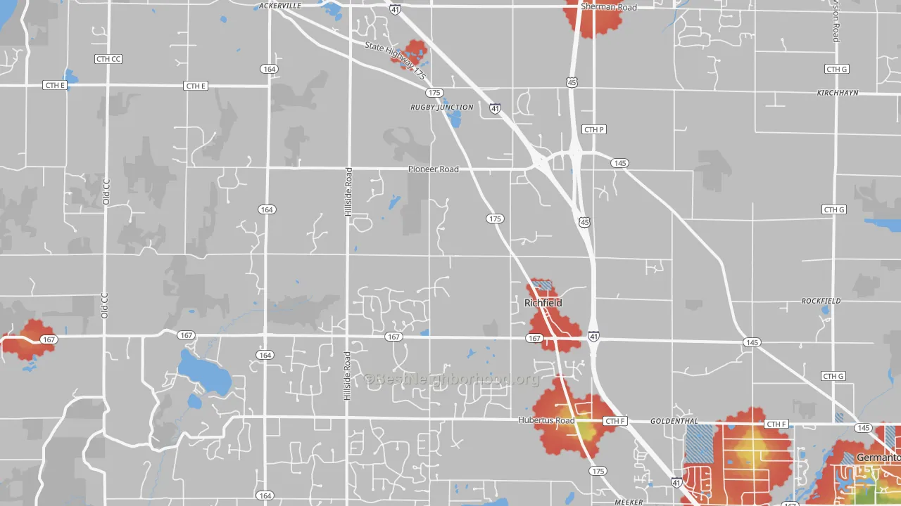 Walk Grade map of Richfield, WI, walkable areas in green and car-dependent areas in red