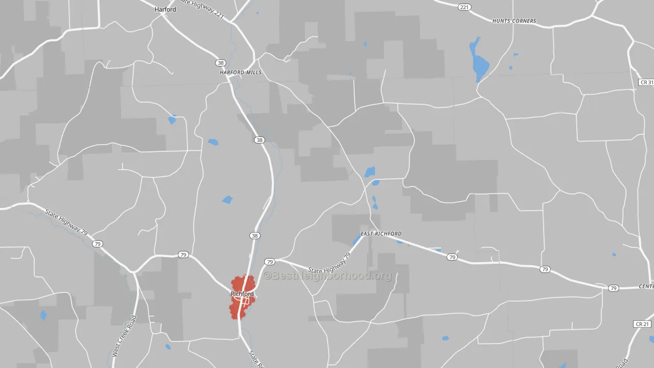 Walk Grade map of Richford, NY, walkable areas in green and car-dependent areas in red
