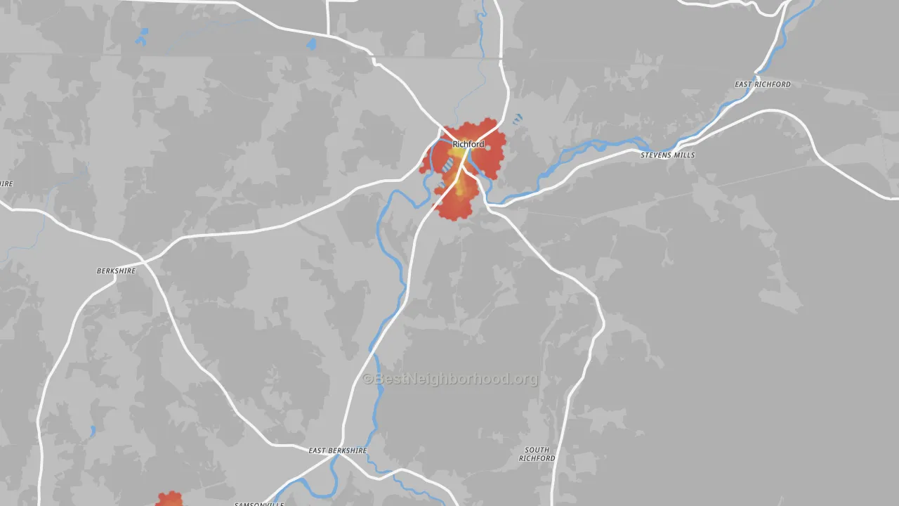 Walk Grade map of Richford, VT, walkable areas in green and car-dependent areas in red