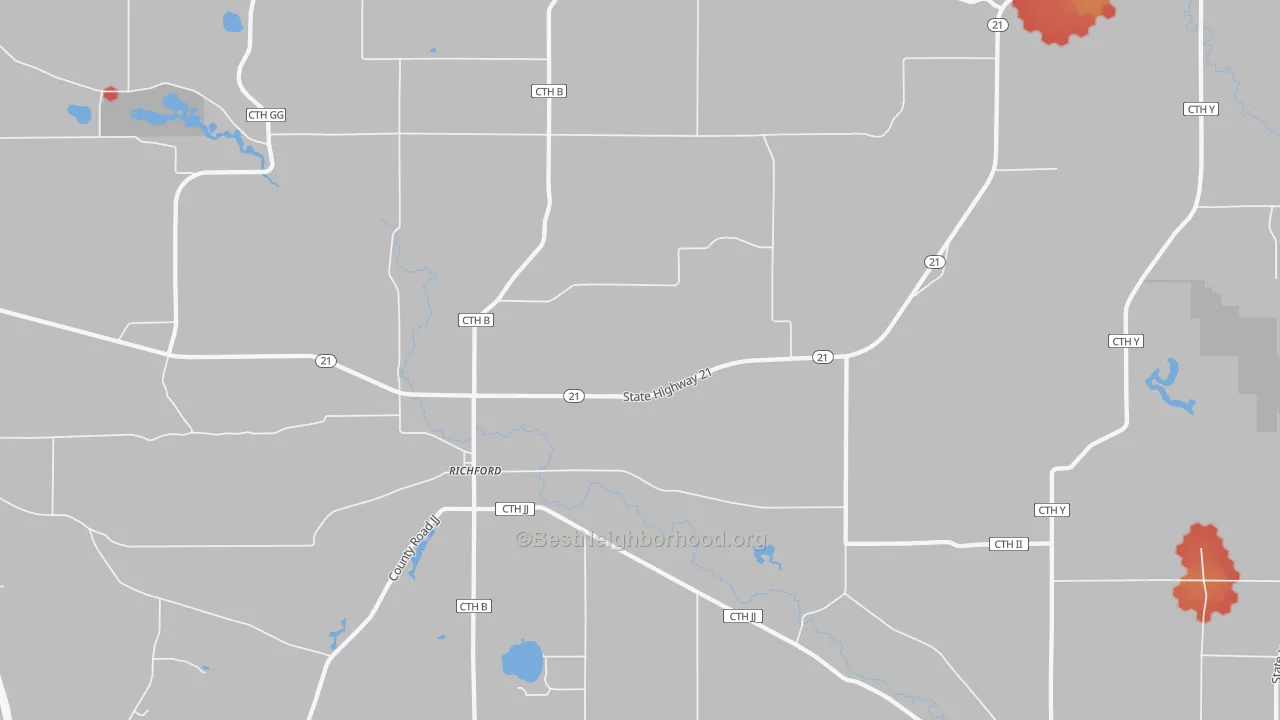Walk Grade map of Richford, WI, walkable areas in green and car-dependent areas in red