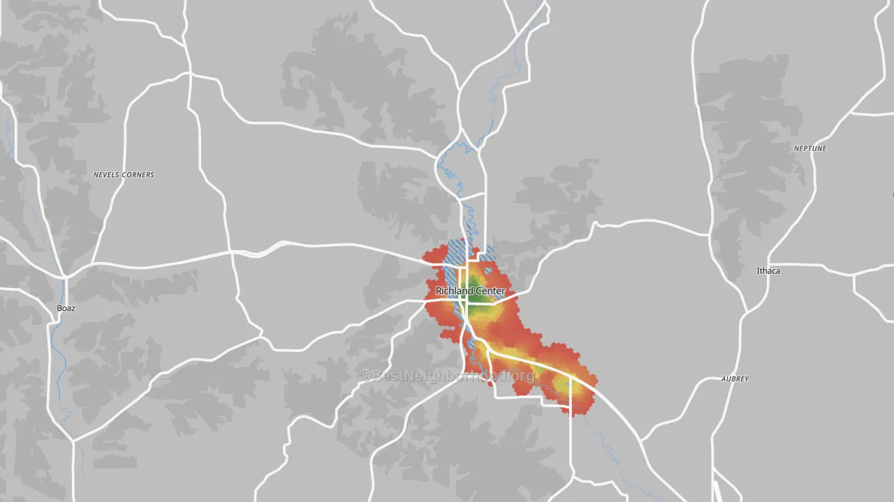 Walk Grade map of Richland Center, WI, walkable areas in green and car-dependent areas in red
