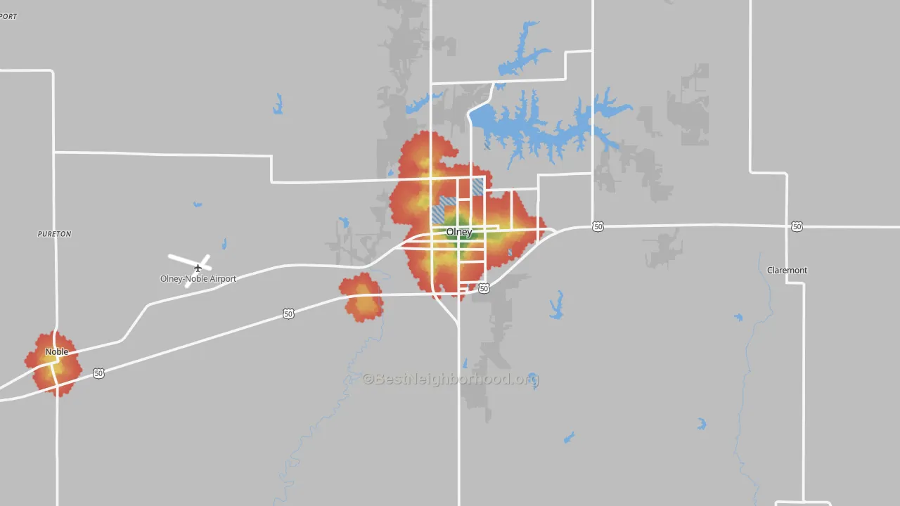 Walk Grade map of Richland County, IL, walkable areas in green and car-dependent areas in red