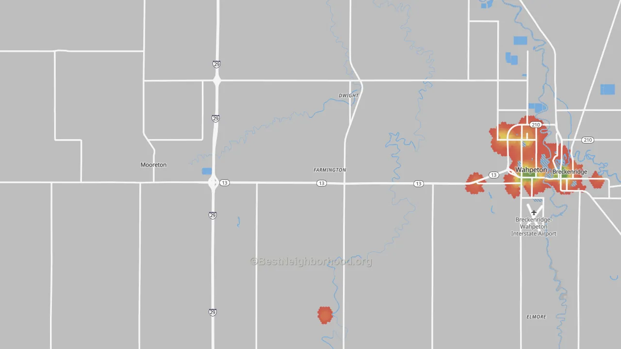 Walk Grade map of Richland County, ND, walkable areas in green and car-dependent areas in red