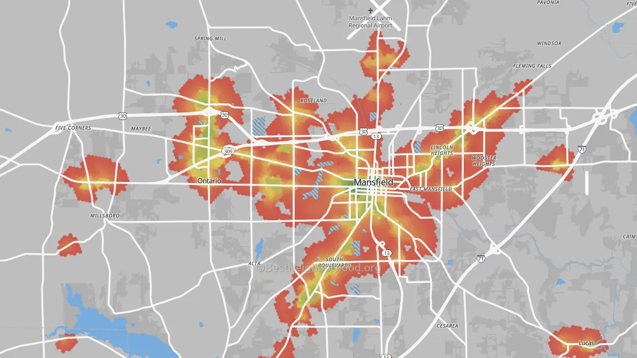 Walk Grade map of Richland County, OH, walkable areas in green and car-dependent areas in red