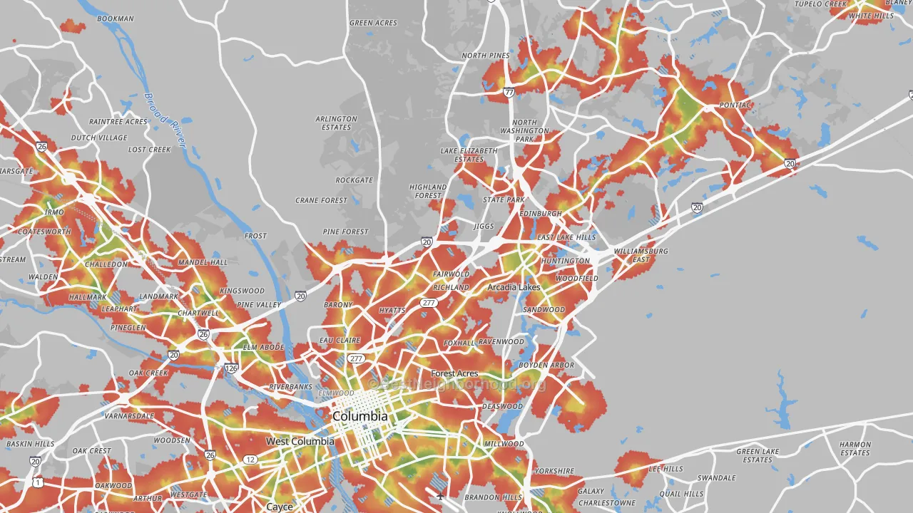 Walk Grade map of Richland County, SC, walkable areas in green and car-dependent areas in red