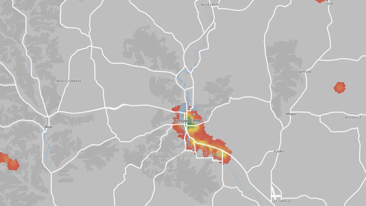 Walk Grade map of Richland County, WI, walkable areas in green and car-dependent areas in red