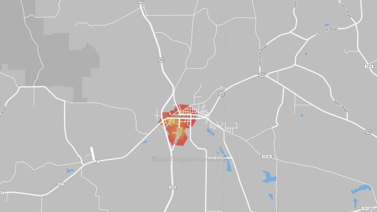 Walk Grade map of Richland, GA, walkable areas in green and car-dependent areas in red