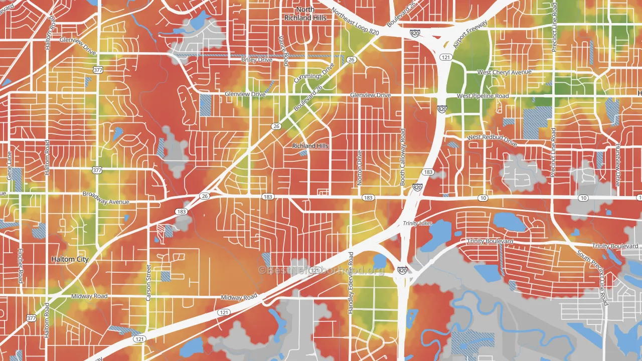 Walk Grade map of Richland Hills, TX, walkable areas in green and car-dependent areas in red